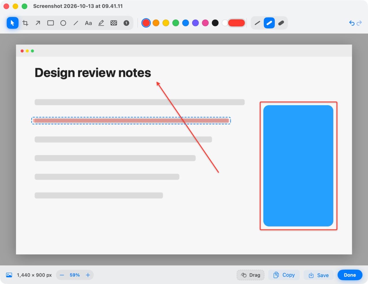 Orrel’s markup editor with a red arrow, a box and a highlighted line on a screenshot titled Design review notes.