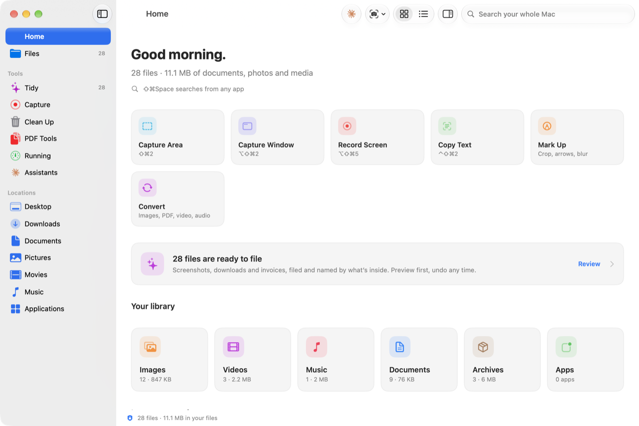 Orrel’s Home screen on a Mac: a sidebar with Files, Tidy, Clean Up, PDF Tools, Capture, Running and Assistants, quick actions for Capture Area, Capture Window, Copy Text, Mark Up and Convert, and a banner saying files are ready to file.