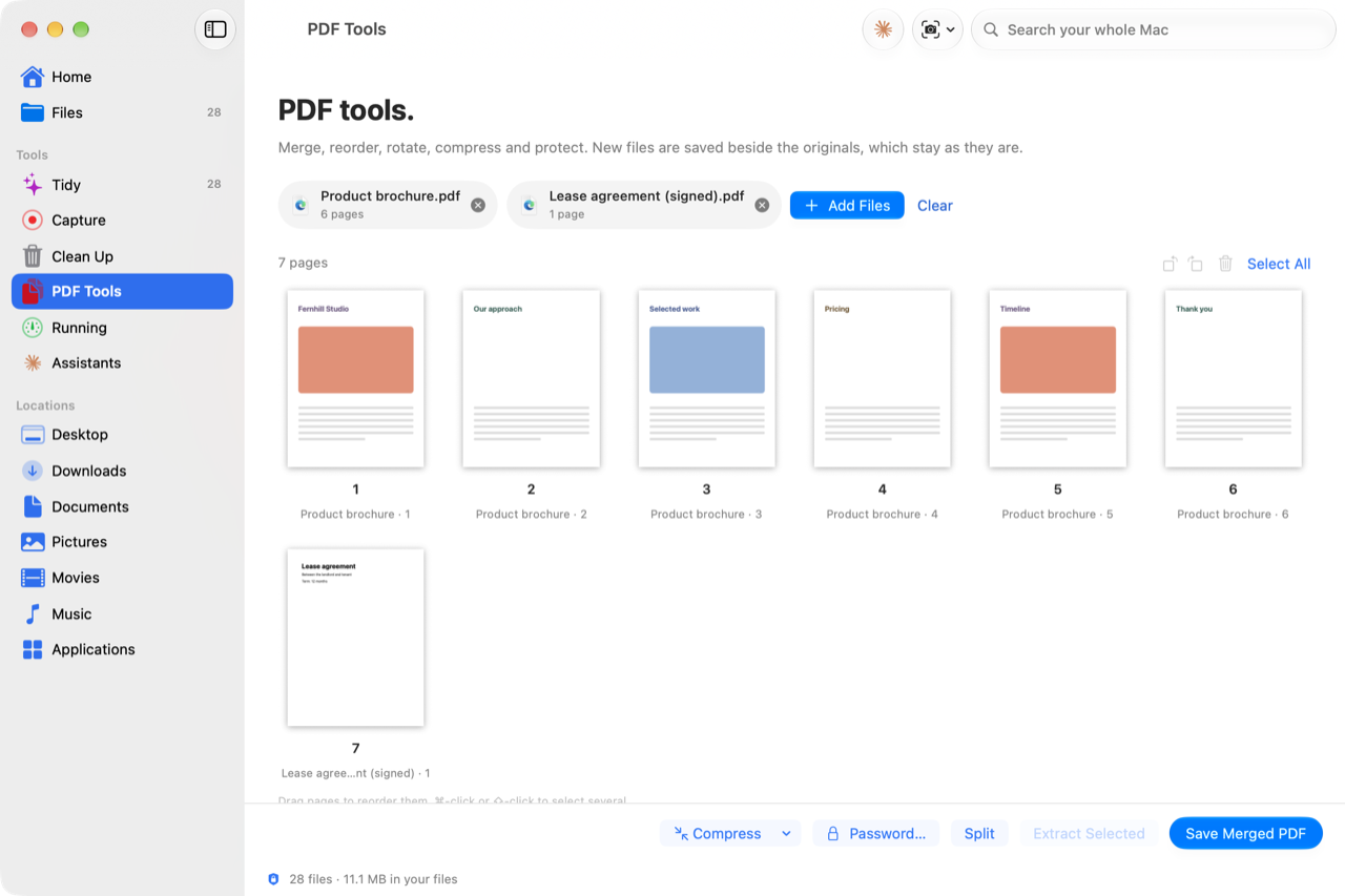 Orrel’s PDF Tools screen with page thumbnails from two PDFs and buttons for Compress, Password, Split, Extract Selected and Save Merged PDF.