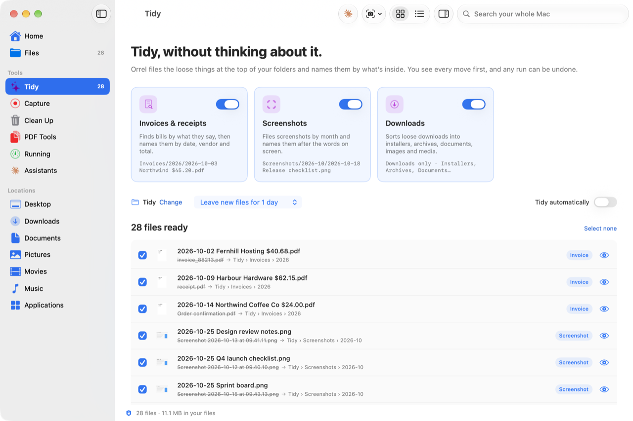 Orrel’s Tidy screen with the Invoices, Screenshots and Downloads templates switched on and a list of files ready to move.